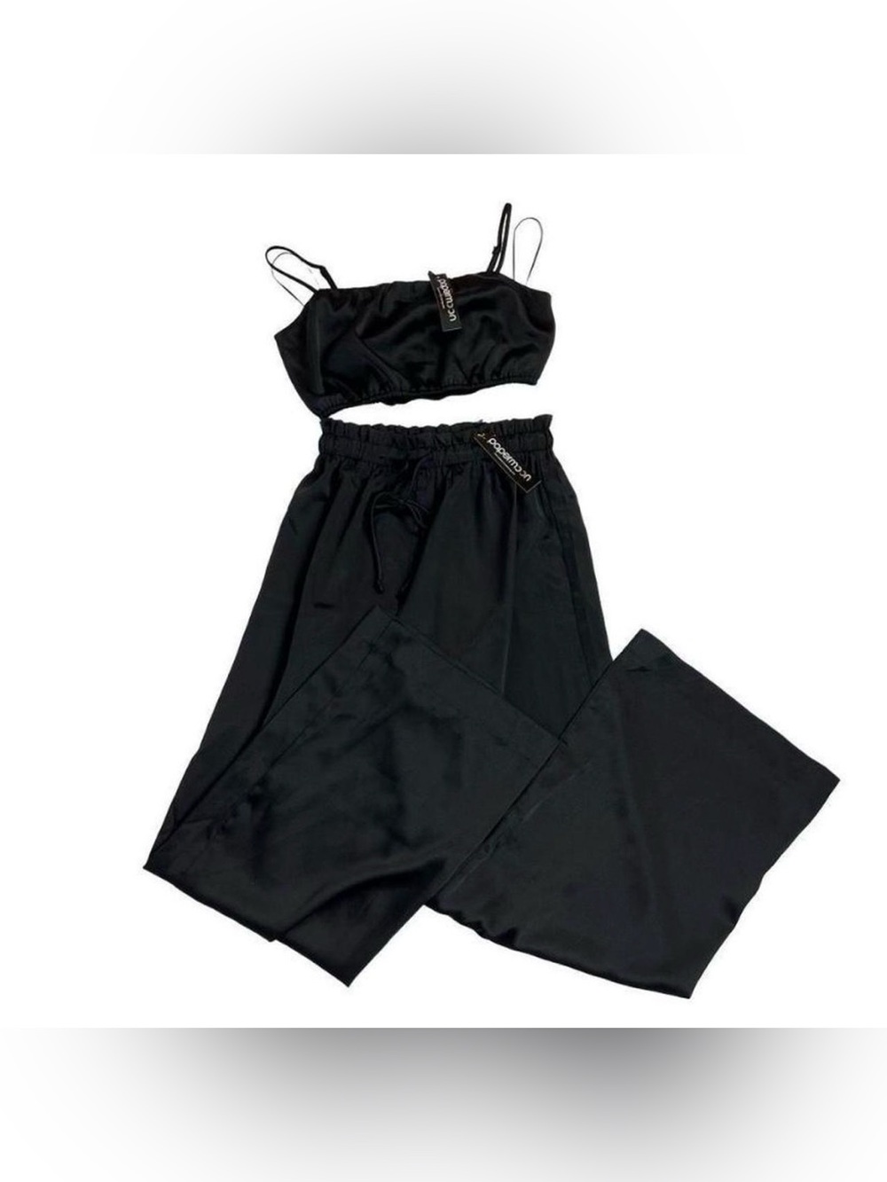 Papermoon Black Satin Crop Top & Wide-Leg Pants Set